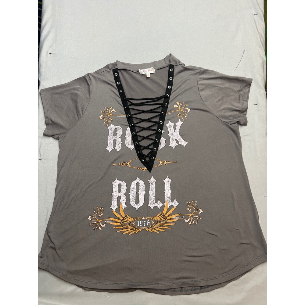Stella Tweed Rock & Roll Lace Up Graphic Tee Gray 1X Short Sleeve Distressed Top